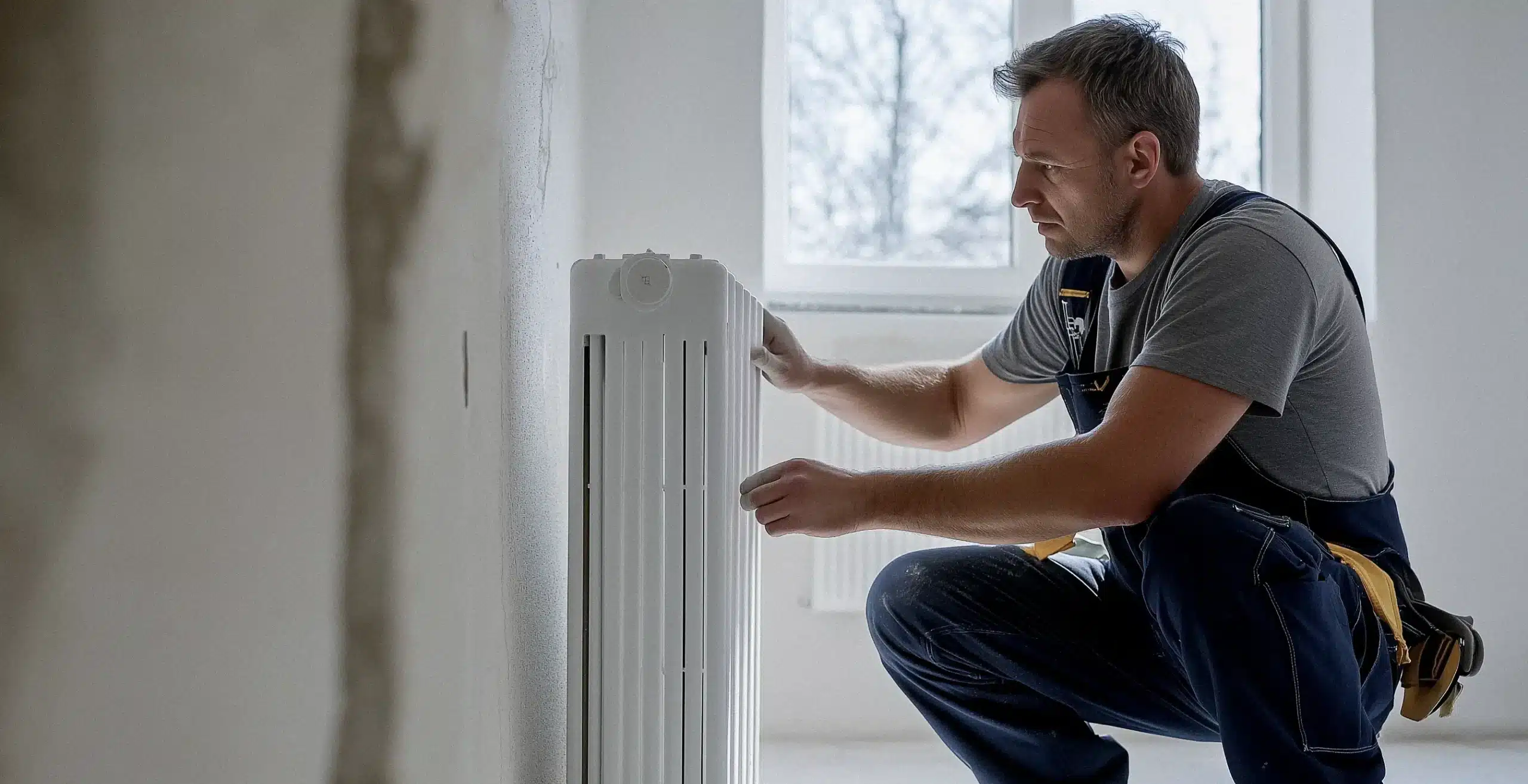 Ein Handwerker montiert einen Heizkörper in einem hellen Raum